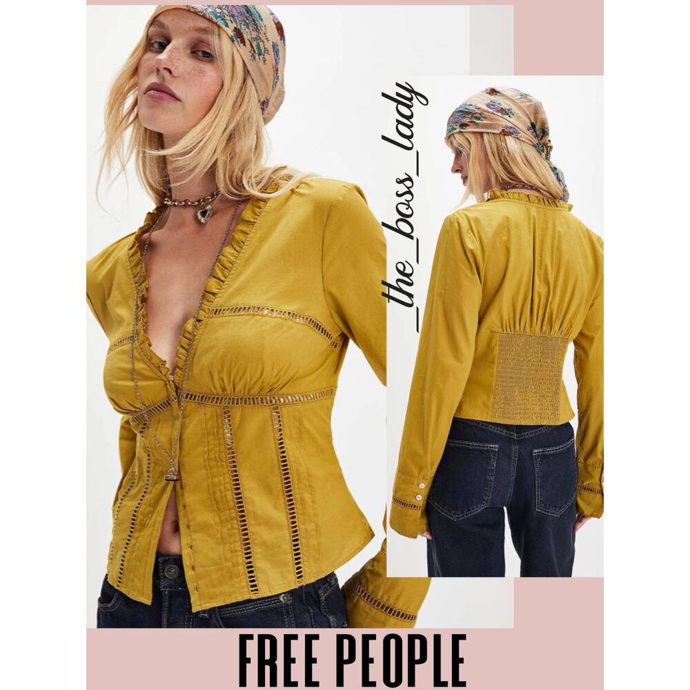 Free People corset top ruffled cotton long sleeve v-neck boho Medium